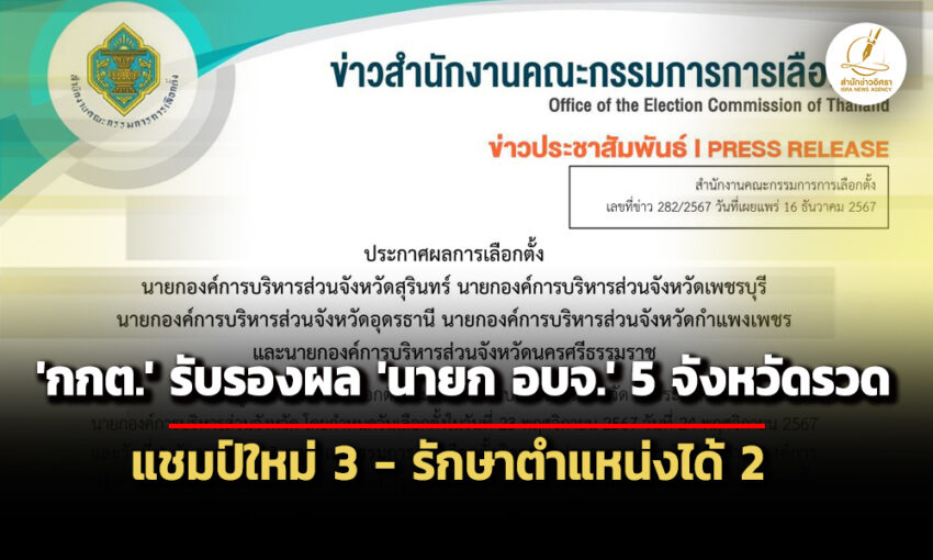 ‘กกต’-ประกาศรับรองผลการเลือกตั้ง-‘นายก-อบจ.’-5-จังหวัดรวด