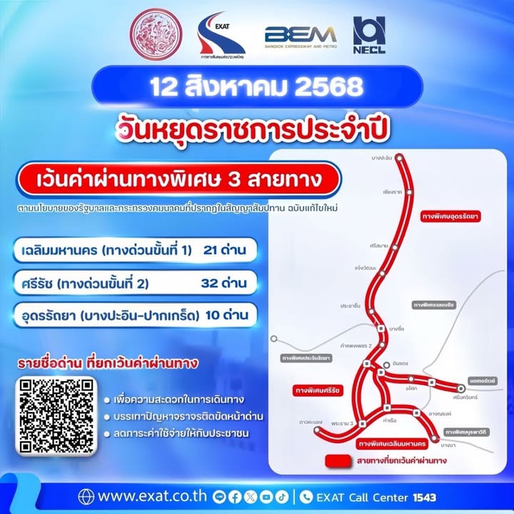 ยกเว้นค่าผ่านทาง-ทางพิเศษ-3-สายทาง-การทางพิเศษแห่งประเทศไทย-|-2025-08-11-23:38:00