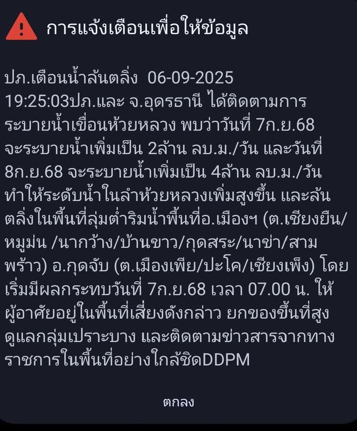 -แจ้งเตือน️ประชาชนชาวอุดรธานีในพื้นที่ลุ่มต่ำ-ริมห้วยหล