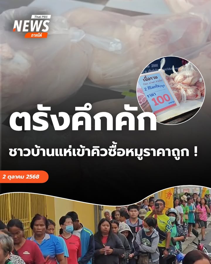 ชาวตรังหลายร้อยคนแห่เข้าคิวซื้อหมูราคาถูก-บรรยากาศคึกคักตั้ง