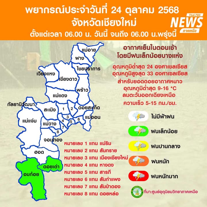 (24/10/68)-…ภาคเหนือยังคงมีอากาศเย็นในตอนเช้า-โดยมีฝนเล็กน
