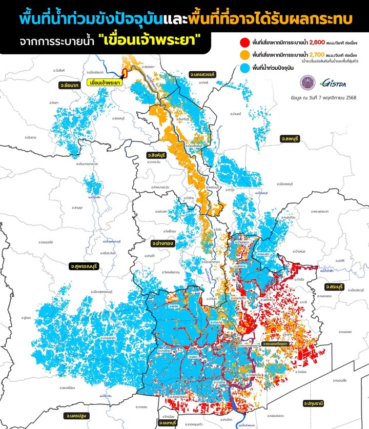 gistda-แจ้งเตือนพื้นที่ลุ่มเจ้าพระยา-สัญญาณน้ำเอ่อจากการระบ