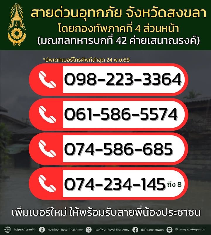 สายด่วนอุทกภัย-จังหวัดสงขลา-โดยกองทัพภาคที่-4-ส่วนหน้า-(มณฑล