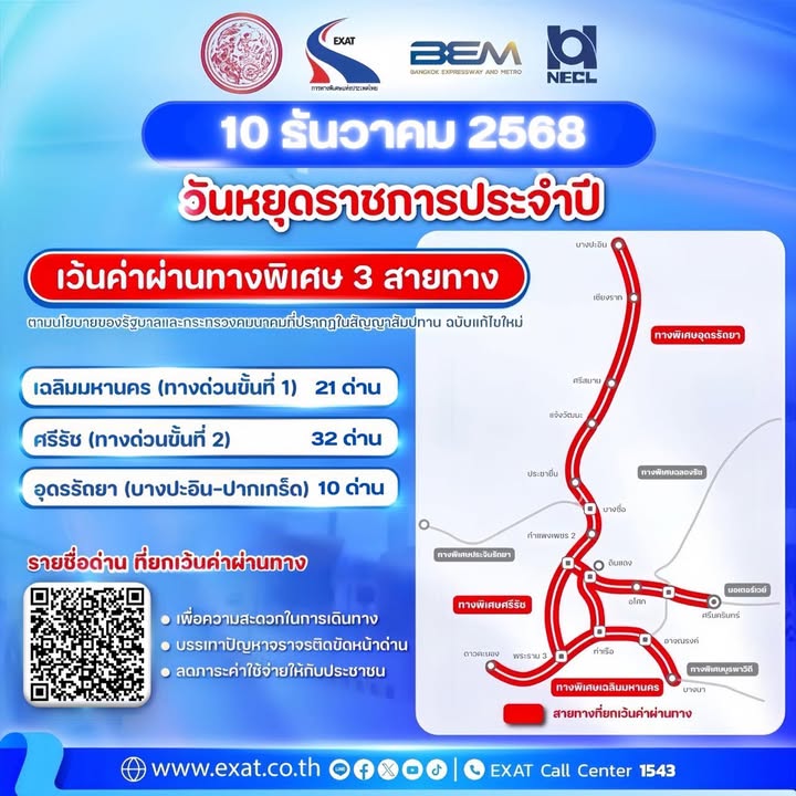 กทพ.-ยกเว้นค่าผ่านทางพิเศษ-3-สายทาง-การทางพิเศษแห่งประเทศไทย-|-2025-12-09-17:06:00