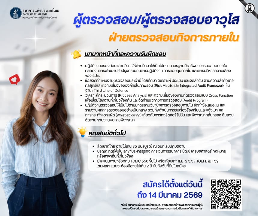 แบงก์ชาติเปิดรับสมัครผู้ตรวจสอบ/ผู้ตรวจสอบอาวุโส-ฝ่ายตรวจสอบ