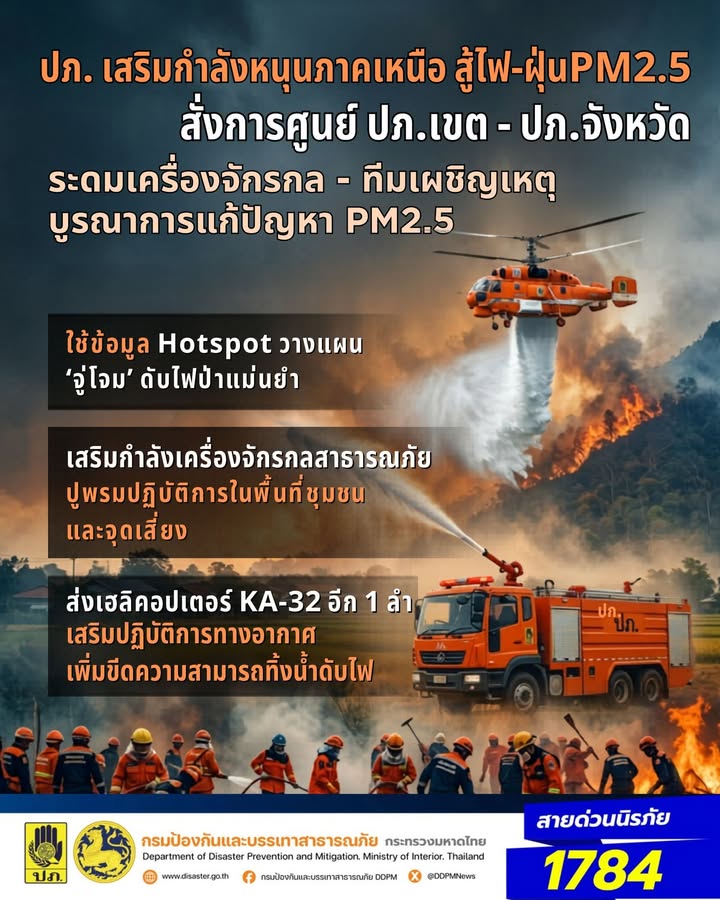 -ปภ-เสริมกำลังหนุนจังหวัดภาคเหนือสู้ไฟ-ฝุ่น-pm2.5-สั่งศูนย