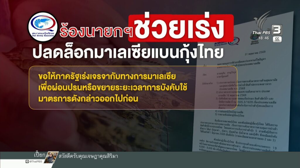 ผู้เลี้ยงกุ้ง-ร้องนายกฯ-เร่งเแก้ปัญหามาเลเซียระงับนำเข้ากุ้ง