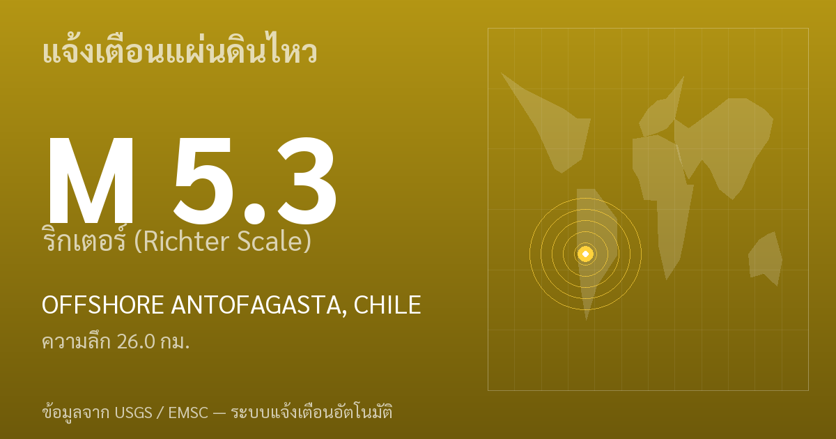 แผ่นดินไหวขนาด 5.3 ริกเตอร์ ที่ OFFSHORE ANTOFAGASTA, CHILE