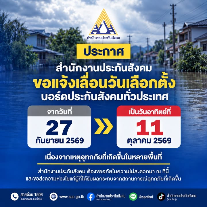 ประกาศสำนักงานประกันสังคมขอแจ้งเลื่อนวันเลือกตั้งบอร์ดประกัน