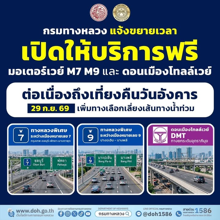 กรมทางหลวงแจ้งขยายเวลาเปิดใช้บริการฟรีมอเตอร์เวย์-m7–m9-และด-|-2026-09-27-10:57:00