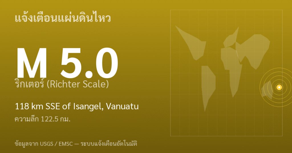 แผ่นดินไหวขนาด 5.0 ริกเตอร์ ที่ 118 km SSE of Isangel, Vanuatu
