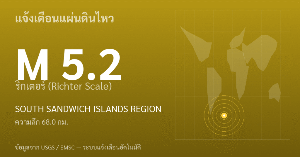 แผ่นดินไหวขนาด 5.2 ริกเตอร์ ที่ SOUTH SANDWICH ISLANDS REGION