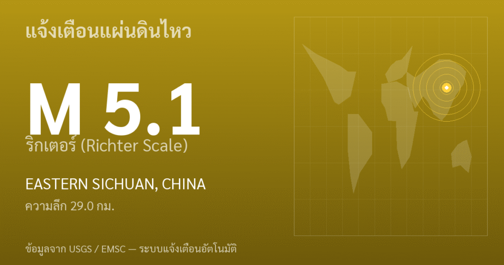 แผ่นดินไหวขนาด 5.1 ริกเตอร์ ที่ EASTERN SICHUAN, CHINA