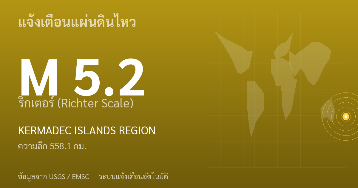 แผ่นดินไหวขนาด 5.2 ริกเตอร์ ที่ KERMADEC ISLANDS REGION