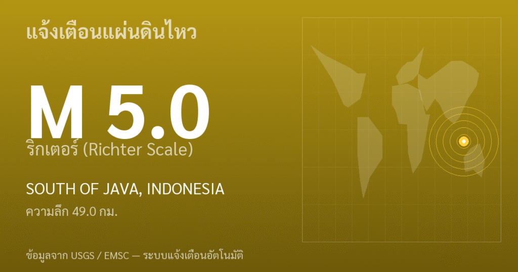 แผ่นดินไหวขนาด 5.0 ริกเตอร์ ที่ SOUTH OF JAVA, INDONESIA