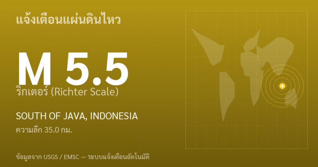 แผ่นดินไหวขนาด 5.5 ริกเตอร์ ที่ SOUTH OF JAVA, INDONESIA