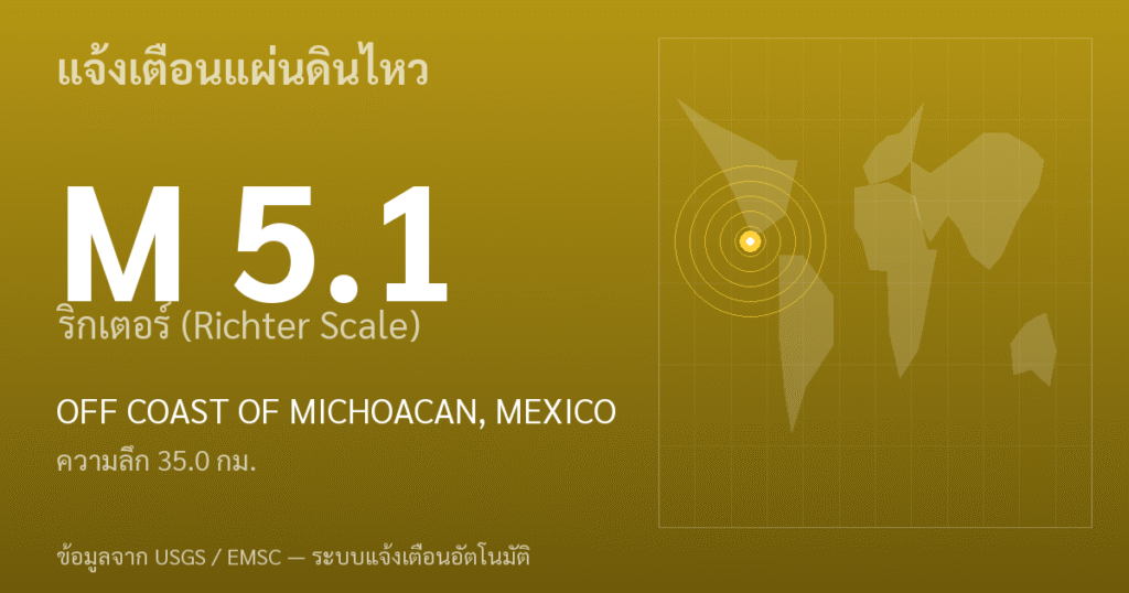 แผ่นดินไหวขนาด 5.1 ริกเตอร์ ที่ OFF COAST OF MICHOACAN, MEXICO