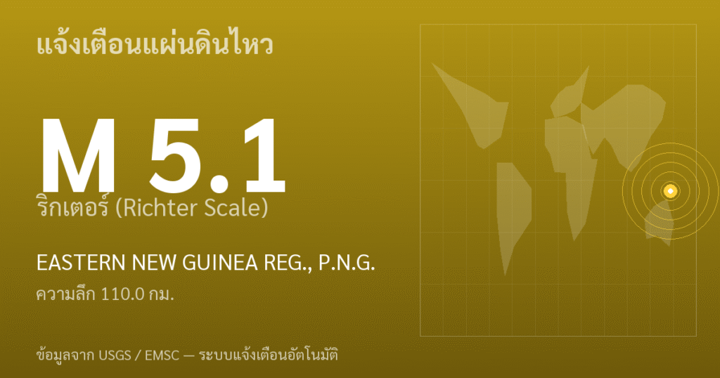 แผ่นดินไหวขนาด 5.1 ริกเตอร์ ที่ EASTERN NEW GUINEA REG., P.N.G.