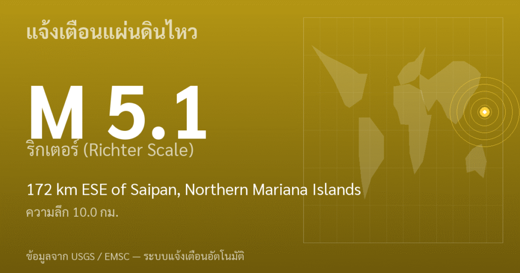 แผ่นดินไหวขนาด 5.1 ริกเตอร์ ที่ 172 km ESE of Saipan, Northern Mariana Islands
