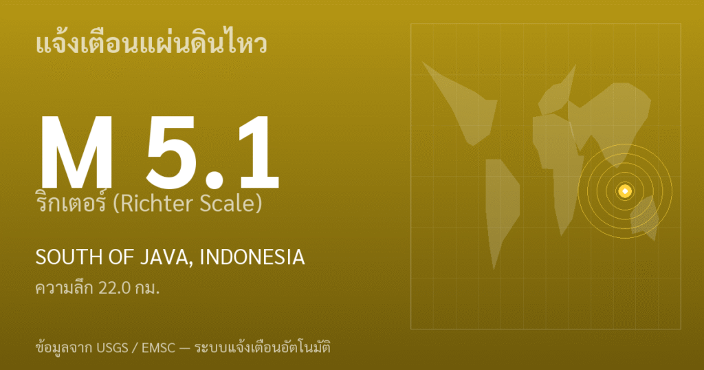 แผ่นดินไหวขนาด 5.1 ริกเตอร์ ที่ SOUTH OF JAVA, INDONESIA