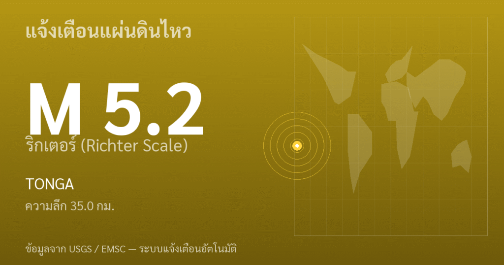 แผ่นดินไหวขนาด 5.2 ริกเตอร์ ที่ TONGA