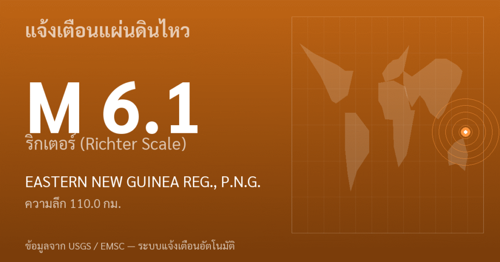 แผ่นดินไหวขนาด 6.1 ริกเตอร์ ที่ EASTERN NEW GUINEA REG., P.N.G.