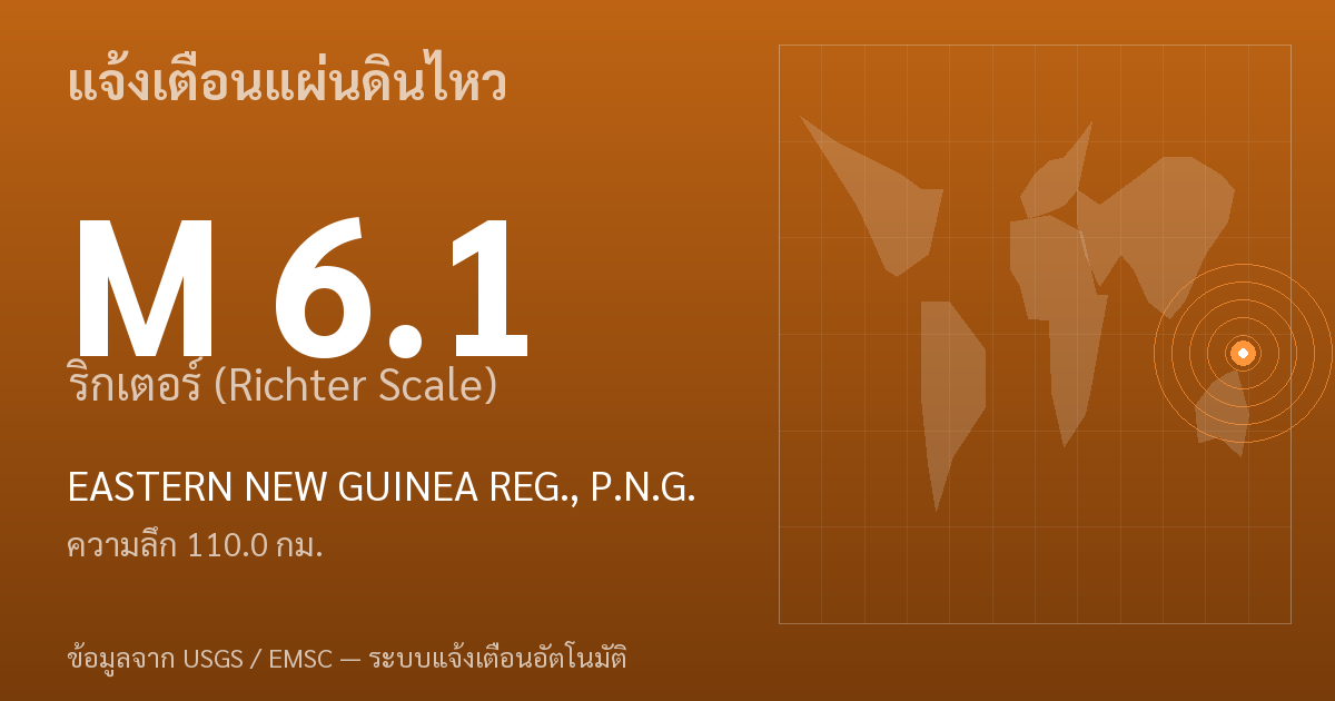 แผ่นดินไหวขนาด 6.1 ริกเตอร์ ที่ EASTERN NEW GUINEA REG., P.N.G.
