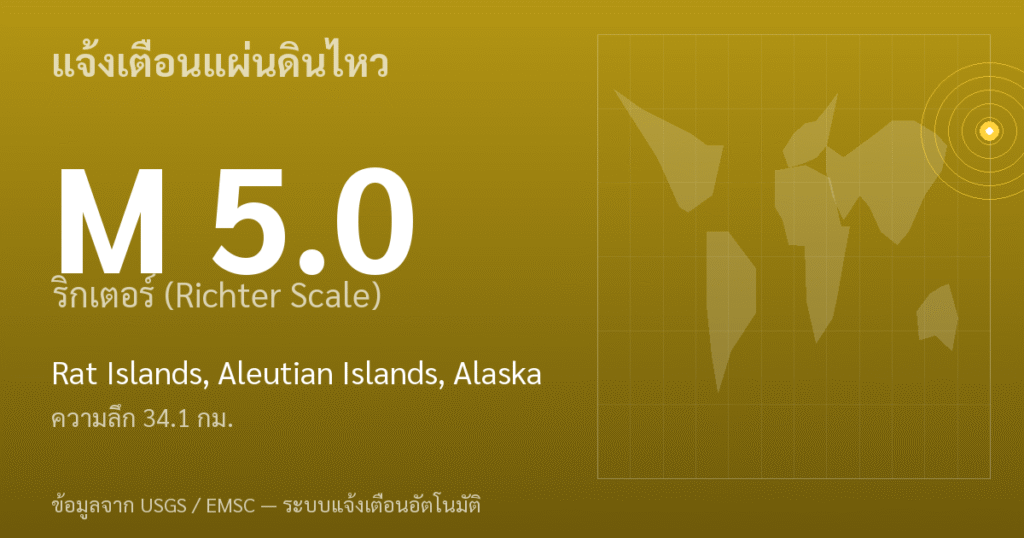 แผ่นดินไหวขนาด 5.0 ริกเตอร์ ที่ Rat Islands, Aleutian Islands, Alaska