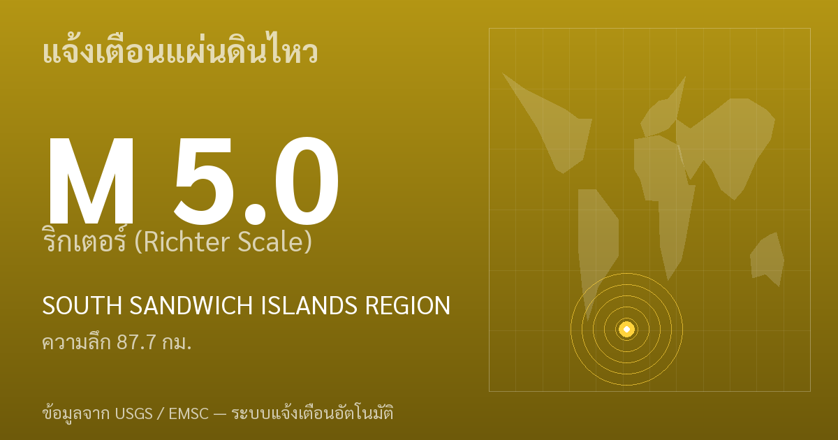 แผ่นดินไหวขนาด 5.0 ริกเตอร์ ที่ SOUTH SANDWICH ISLANDS REGION