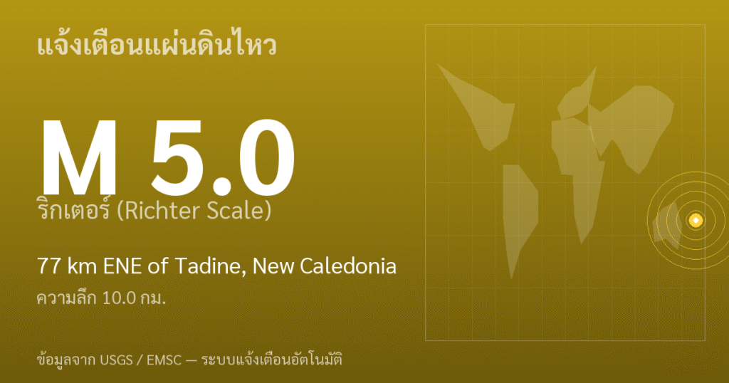 แผ่นดินไหวขนาด 5.0 ริกเตอร์ ที่ 77 km ENE of Tadine, New Caledonia