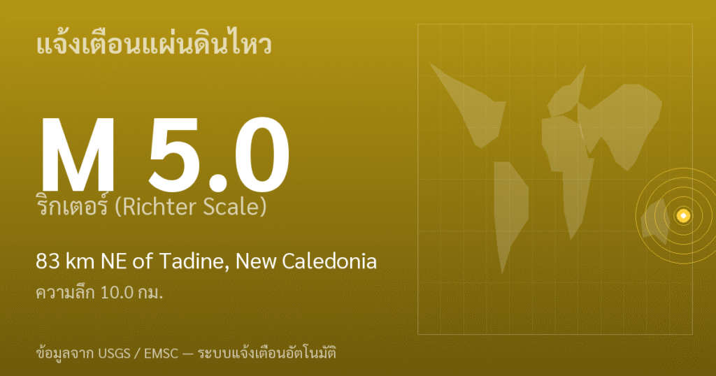 แผ่นดินไหวขนาด 5.0 ริกเตอร์ ที่ 83 km NE of Tadine, New Caledonia