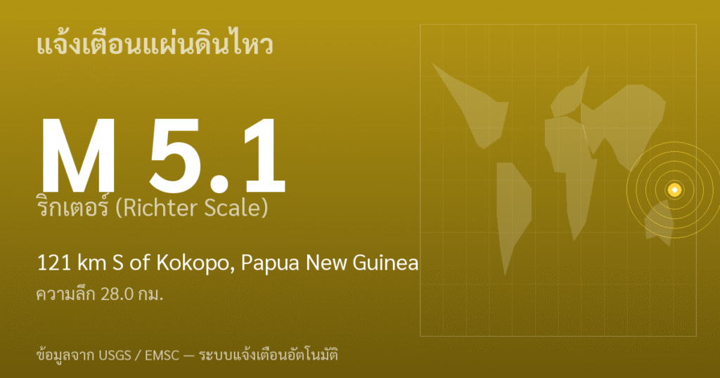 แผ่นดินไหวขนาด 5.1 ริกเตอร์ ที่ 121 km S of Kokopo, Papua New Guinea