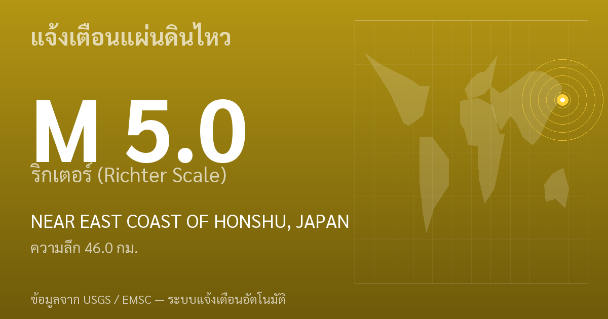 แผ่นดินไหวขนาด 5.0 ริกเตอร์ ที่ NEAR EAST COAST OF HONSHU, JAPAN