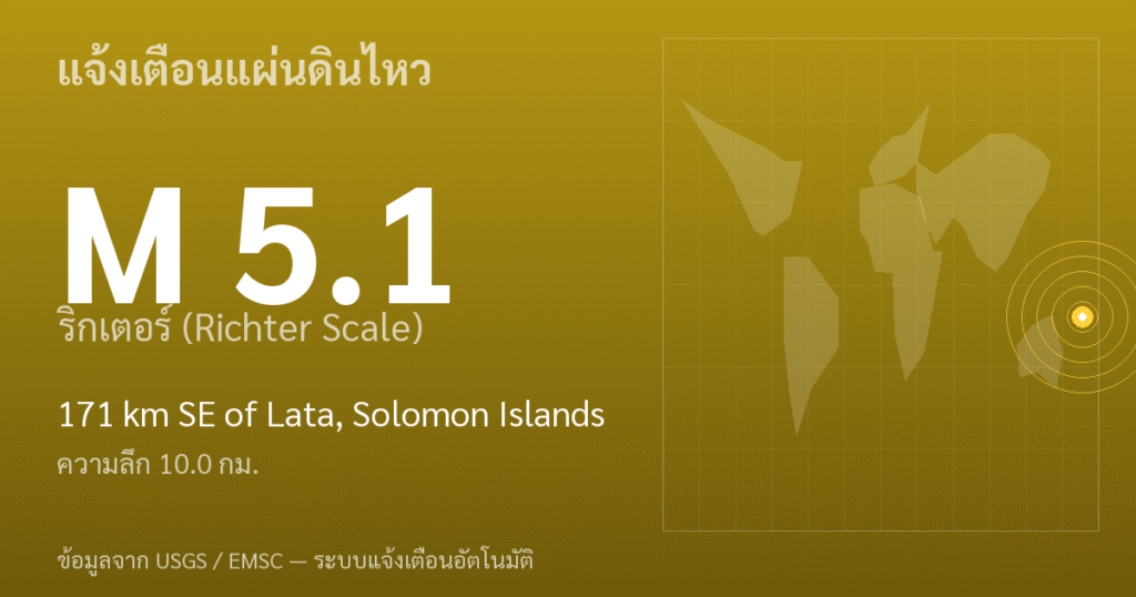 แผ่นดินไหวขนาด 5.1 ริกเตอร์ ที่ 171 km SE of Lata, Solomon Islands
