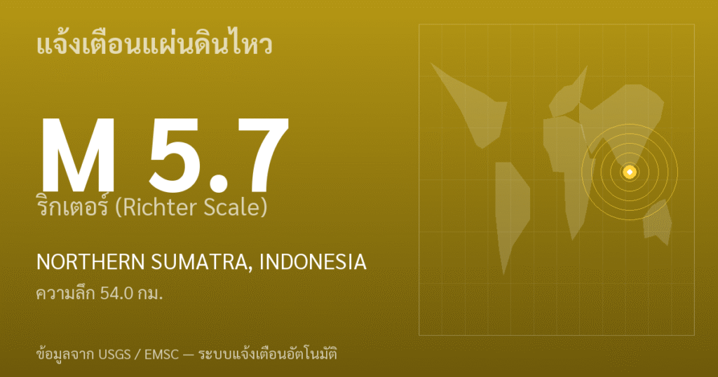แผ่นดินไหวขนาด 5.7 ริกเตอร์ ที่ NORTHERN SUMATRA, INDONESIA