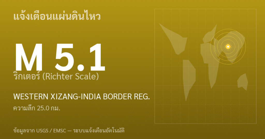 แผ่นดินไหวขนาด 5.1 ริกเตอร์ ที่ WESTERN XIZANG-INDIA BORDER REG.
