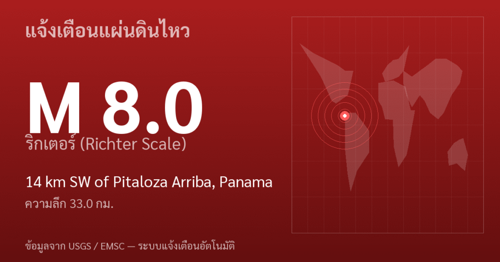 แผ่นดินไหวขนาด 8.0 ริกเตอร์ ที่ 14 km SW of Pitaloza Arriba, Panama