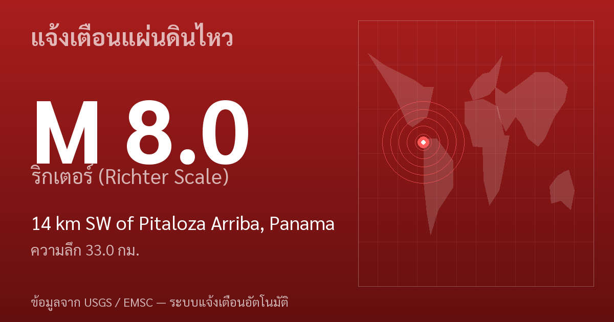 แผ่นดินไหวขนาด 8.0 ริกเตอร์ ที่ 14 km SW of Pitaloza Arriba, Panama