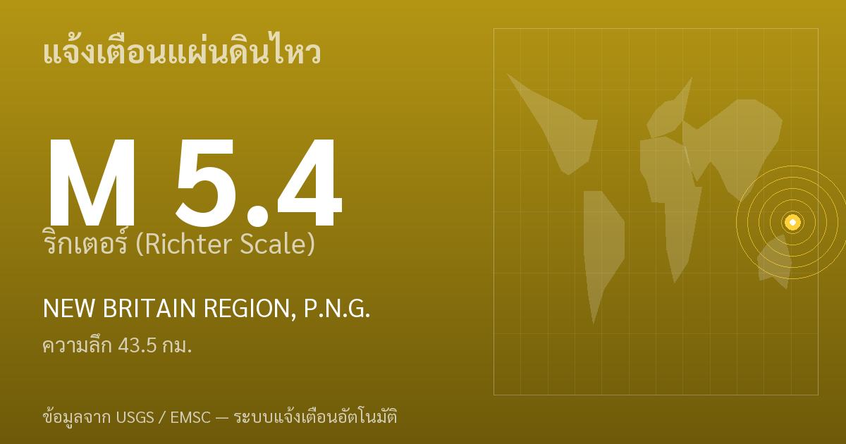 แผ่นดินไหวขนาด 5.4 ริกเตอร์ ที่ NEW BRITAIN REGION, P.N.G.
