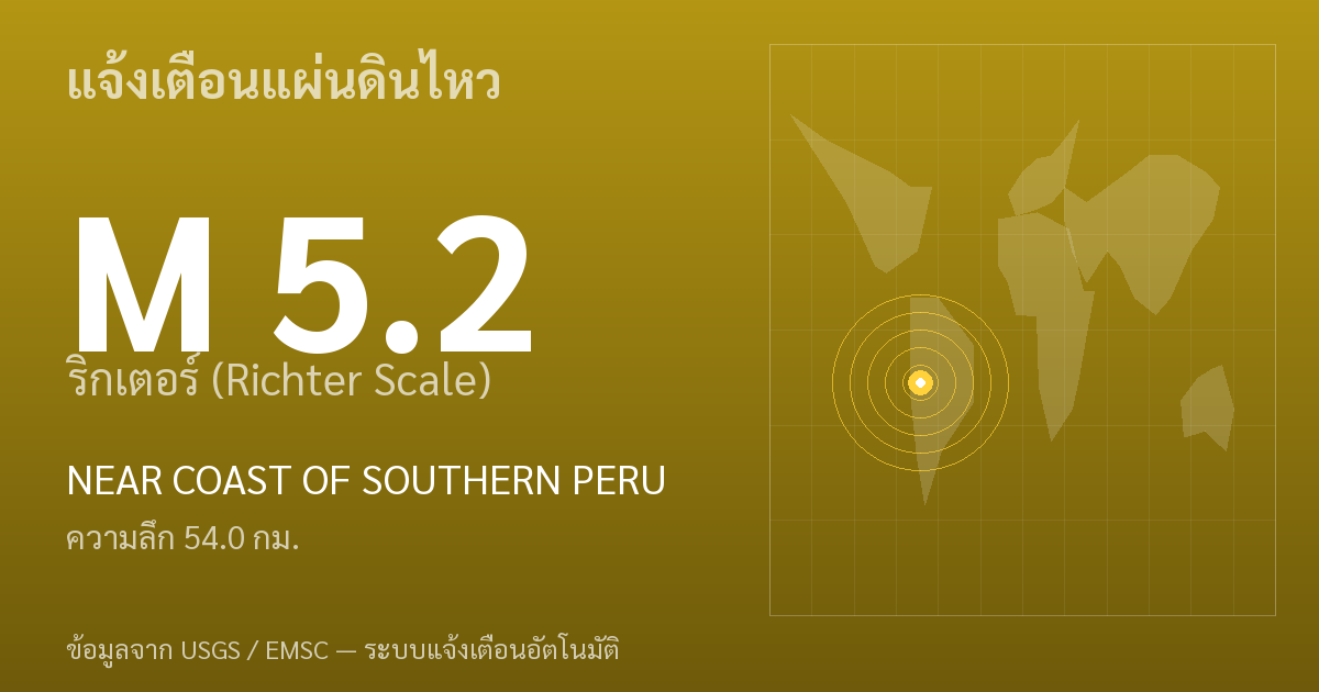 แผ่นดินไหวขนาด 5.2 ริกเตอร์ ที่ NEAR COAST OF SOUTHERN PERU