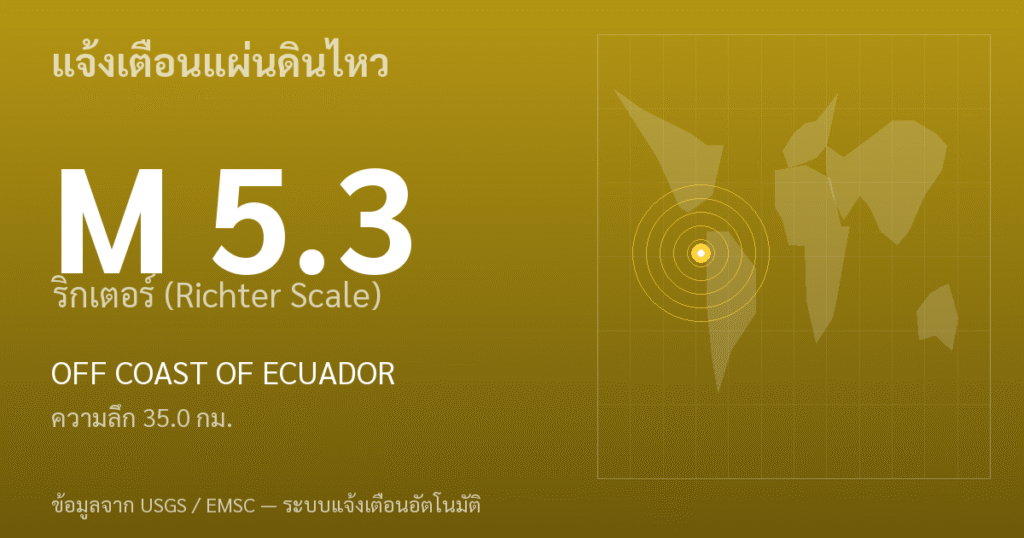 แผ่นดินไหวขนาด 5.3 ริกเตอร์ ที่ OFF COAST OF ECUADOR