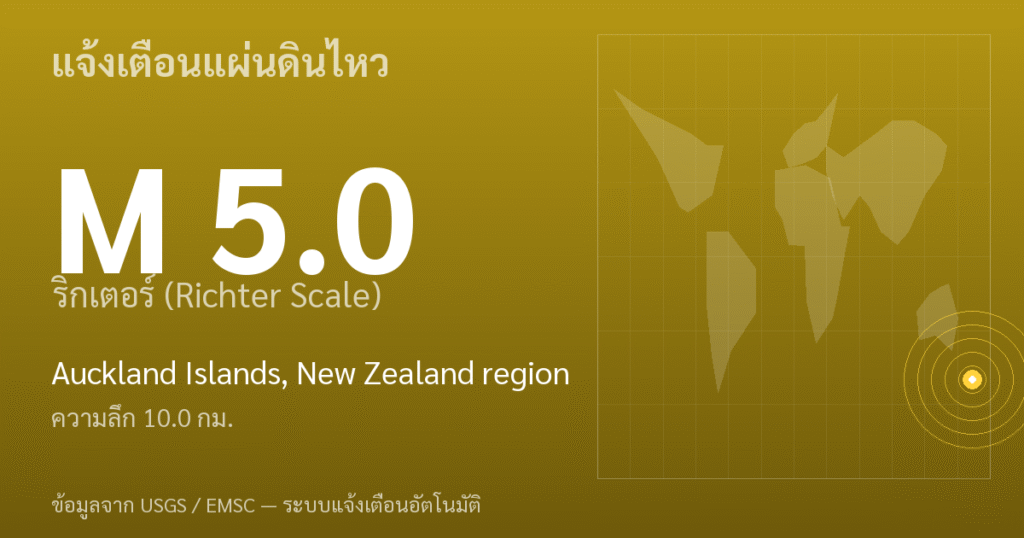 แผ่นดินไหวขนาด 5.0 ริกเตอร์ ที่ Auckland Islands, New Zealand region