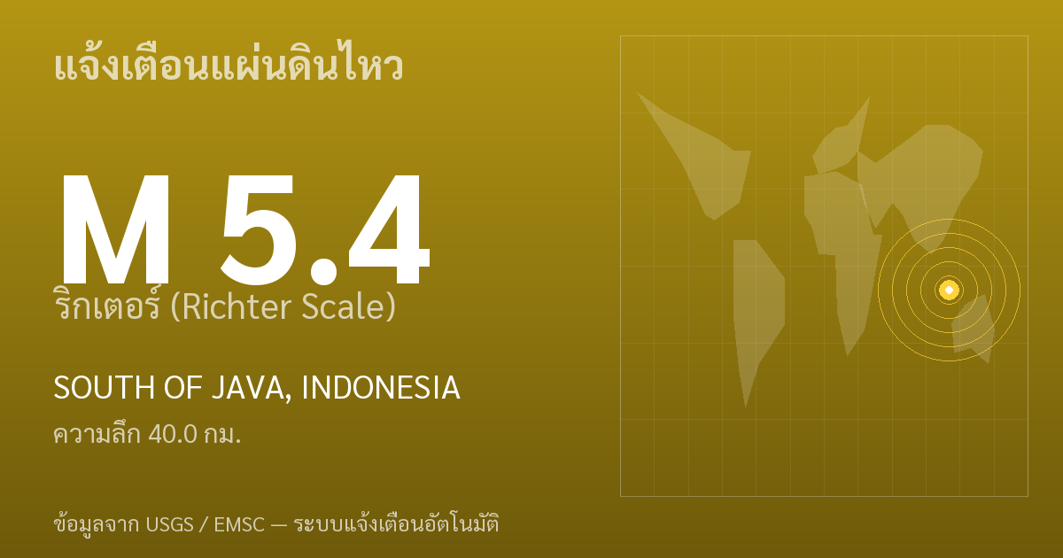 แผ่นดินไหวขนาด 5.4 ริกเตอร์ ที่ SOUTH OF JAVA, INDONESIA
