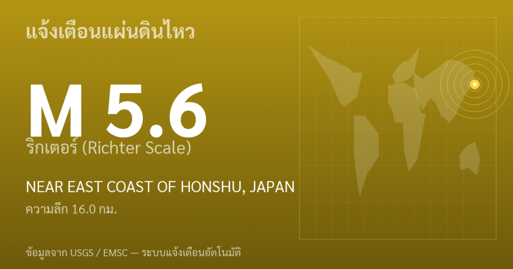 แผ่นดินไหวขนาด 5.6 ริกเตอร์ ที่ NEAR EAST COAST OF HONSHU, JAPAN