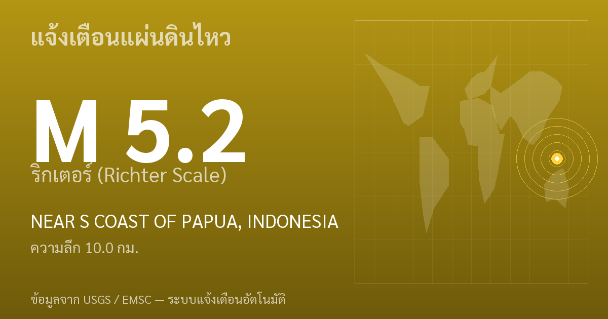 แผ่นดินไหวขนาด 5.2 ริกเตอร์ ที่ NEAR S COAST OF PAPUA, INDONESIA